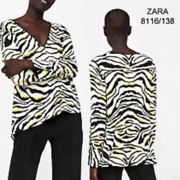 Zara Deep Vneck Zebra Print Long Sleeve yellow white black lightweight Blouse - Picture 1 of 6